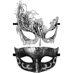 Flongo Masquerade Mask Metal Mask for Couples: Pack of 2 Venetian Silver Metal Hollow Mask with Rhinestone Glitter Texture Lovers Adjustable Costume Masks for Carnival Halloween Wedding
