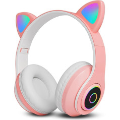 GLOBAL TECH Wireless Bluetooth Children's Headphones - Foldable Cat Ear Headphones with LED Flashing Lights, Built-in Microphone, Volume Control - Over Ear Kids Earphones for Tablet, PC, Laptop, Phone