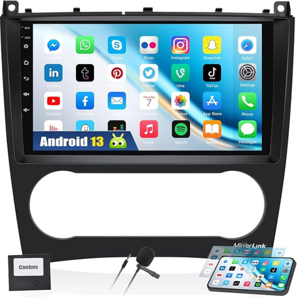 CAMECHO Android 13 Car Radio with Sat Nav for Mercedes Benz C Class W203 W209 C180 C200 2005-2009, Double DIN Radio with 9 Inch Screen Bluetooth FM/RDS Mirror Link WiFi SWC