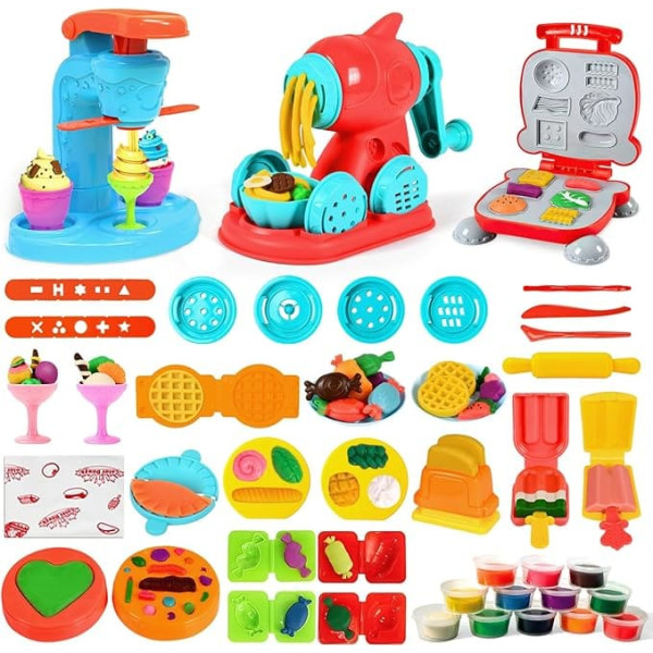 3-in-1 Dough Sets with 59 Pieces for Children Aged 4 and Above, Dough Tool Set with Ice Maker, Pasta and Hamburger Machine for Toddlers Aged 3+ and Girls