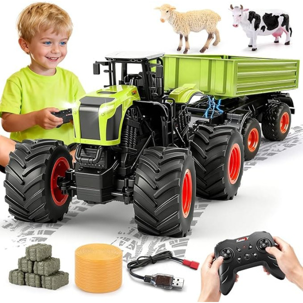 Ulikey Large Remote Controlled Tractor, 1:16 11 Channel RC Tractor Toy for Children, 2.4 GHz Electric Tractor Remote Controlled with Trailer, Cow, Haystack, Farm Toy from 4 5 6 7 8 9 Years