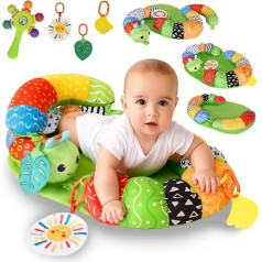 Tummy Time Toys Play Cushion, 3-in-1 Prone Position Toy Baby, Removable Caterpillar for Baby, Stomach Position, Help Sit, Support Baby Toy 3 6 9 Months with Rattle, Teething Ring, Mirror
