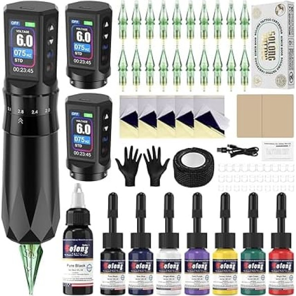Solong Tattoo Machine Set 2 Batteries, 7 Strokes, Rotary Wireless Tattoo Kit LCD Digital, 20 Cartridges Needles, 8 High-Quality Inks for Beginners Artists EF-TKE751AEU-1