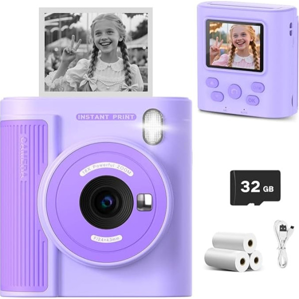 Zicor Kids Instant Print Camera - 1080HD Digital Camera with Video & Print Function for Kids, Funny Christmas or Birthday Gift for Boys & Girls Includes 32GB SD Card - Lightweight - Purple