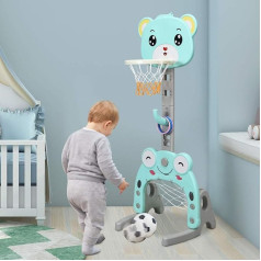 3-in-1 Kids Basketball Stand with Football Goal and Ring Throw Playset, 115-155 cm Height Adjustable, Portable Sports Activity Centre for Indoor Outdoor Games (Green)