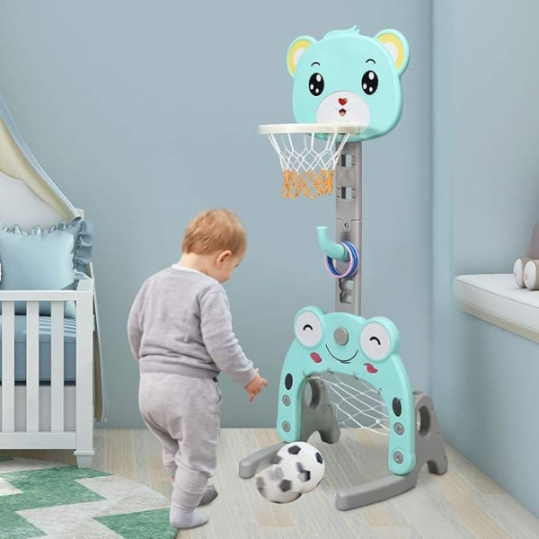 3-in-1 Kids Basketball Stand with Football Goal and Ring Throw Playset, 115-155 cm Height Adjustable, Portable Sports Activity Centre for Indoor Outdoor Games (Green)
