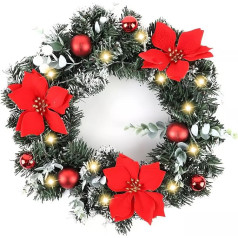 Christmas Wreath with Lights, Pre-Lit Xmas Decorations, Front Door, Artificial Pine Garland for Door, Window, Wall, Stairs Decor, Battery Operated