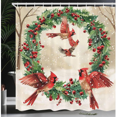 ABAKUHAUS Christmas Shower Curtain, Cardinals Christmas Wreath Art, Fabric Fabric Bathroom Decoration Set with Hooks, 175 x 200 cm, Dark Coral Green Beige