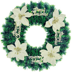 15 Inch Goldener Weihnachtskranz mit künstlichen Blumen und 'Merry Christmas'-Schriftzug – Elegante Feiertagsdekoration für die Tür