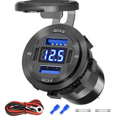 84W 4-Port 12V/24V USB Car Charging Socket with Dual PD3.0 & Dual QC3.0 Fast Charging, Aluminum Alloy Waterproof USB-C Power Socket with LED Voltmeter, Compatible for Cars, Boats, Trucks, RVs