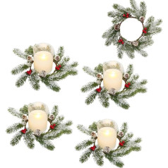 4 Stück Künstlicher Roten Beeren Weihnachtskerzenringe, Mini-Tannenkranz, Weihnachtskerzen Ringe, Puppenhaus Kranz, Mit Imitation Schneeweißer Runder Kiefernnadeln, Für Weihnachts-Tischdekorationen(C)