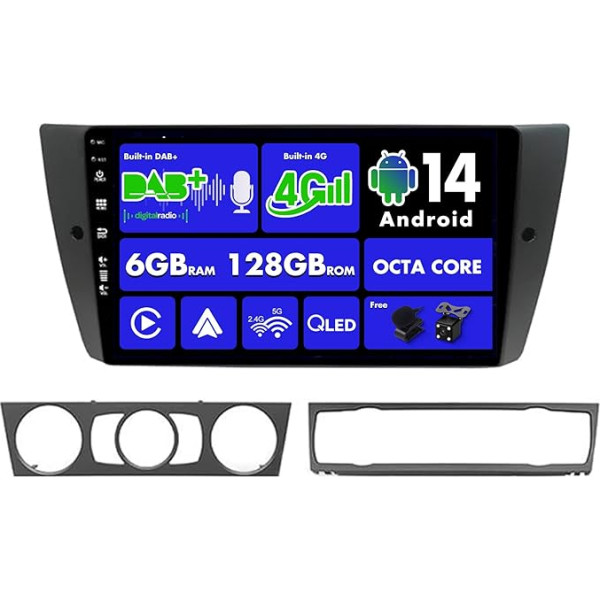 SXAUTO Android 14 - [Built-in 4G DAB] - 6G + 128G - Car Radio for BMW E90/E91/E92/E93 (2005-2012) - Wireless CarPlay Android Car - Camera + Mic - Steering Wheel Control Dual Band WiFi - QLED 9 Inch