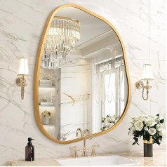 Gold Irregular Bathroom Wall Mirror, Aluminum Alloy Frame Asymmetric Decor Mirror, Brushed Metal Makeup Mirror for Living Room, Bedroom, Room, Home