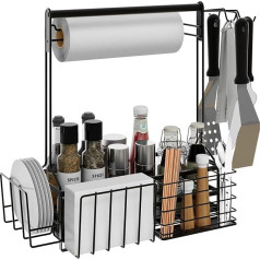 BBQ and Grill Caddy with Paper Towel Holder, Iron Steel Handle & 4 Hooks - Camper Accessories Condiment Caddy - Plate, Cutlery and BBQ Organiser for Camping Outdoor BBQ Tool Accessories