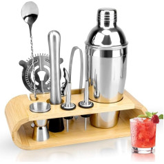 TonJin 10 Piece Bartender Set with Bamboo Stand, 750ml Cocktail Shaker Set for Mixed Drinks, Professional Stainless Steel Bar Set with All Essential Accessories Tools, Gift for Man, Dad