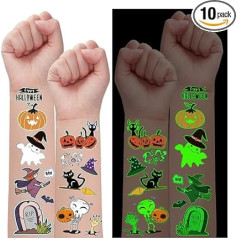 Partywind 10 Blatt leuchtende Halloween Temporäre Tattoos für Kinder, Glow Halloween Dekorationen Geburtstag Party Favors Supplies, Halloween Fake Tattoos Goodie Bag Füllstoffe Spiele Zubehör für