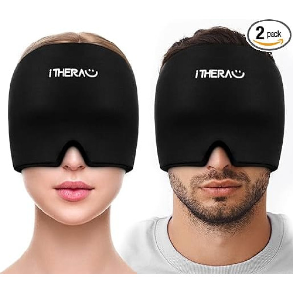 I-THERA-U Migraine Mask, 2 Pieces – Reusable 2-in-1 Sleep Mask, Headache Hat, Headache Cooling Gel Pads, Migraine Hood for Swollen Eyes, Tension, Sinus and Stress Relief, for Men and Women