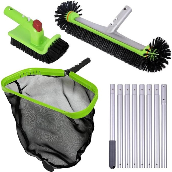 Deluxe Swimming Pool Cleaning Kit Includes Professional Leaf Net 44.5cm Pool Brush Head, Scrubbing Brush and 3m Pole