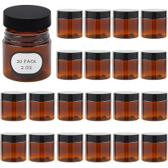 20 x 2oz Amber Plastic Pot Jars with Black Lid and Label for Cosmetics, Lotion, Cream, Eyeshadow