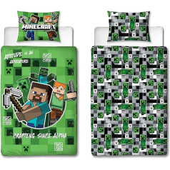 Character World Minecraft Official Block Check Gaming Reversible Double Sided Duvet Cover Set with Matching Pillow Case Single Set