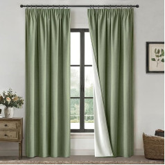 MIULEE 100% Opaque Curtains with Ruffle Tape, Linen Look, Blackout Curtain, Thermal Curtain, Cold Protection Window Living Room, Modern Bedroom Balcony Door, Set of 2, 140 x 225 cm, Green