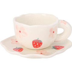 Koythin Ceramic Coffee Cup with Saucer Cute Creative Cup Unique Irregular Saucer Design for Office and Home 6oz Latte Tea Milk (Strawberries and Flowers)
