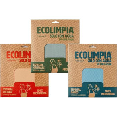 Ecolimpia Mikrofaser-Reinigungstücher, sortiert, 3 Stück, nur mit Wasser reinigen, hergestellt in Spanien, OEKOTEX und FSC-zertifiziert, wiederverwendbar und umweltfreundlich, ohne Spuren oder Fusseln