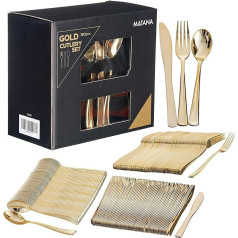 MATANA 180 Elegantes Wiederverwendbares Goldenes Plastikbesteck Set – 60 Messer, 60 Gabeln, 60 Löffel – Mehrweg & Stabiles Besteck für Hochzeiten, Geburtstage, Partys & Veranstaltungen