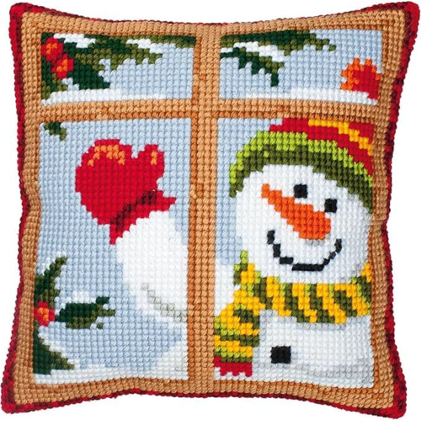 Vervaco Snowman Looking Out Window Cross Stitch Cushion, Multi-Colour