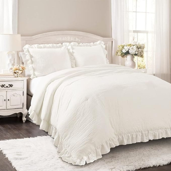 Lush Decor Reyna Ruffle Duvet Cover Set 3 Pieces Cozy Ruched Timeless Elegance and Comfort for Dorm Room, Double, White