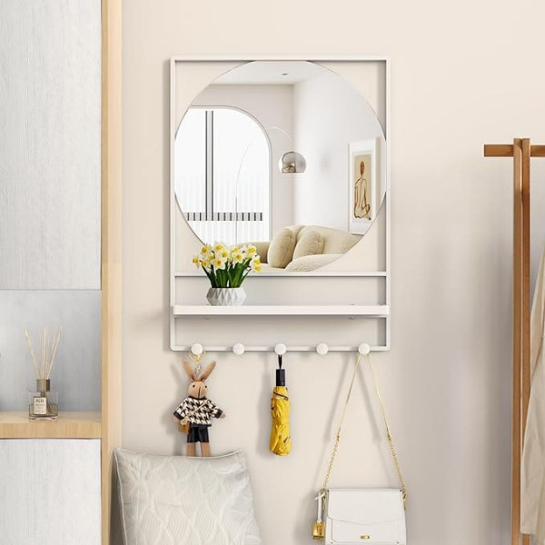WONSTART Wall Mirror with Shelf and Hooks, 21 x 28 Inch, Entrance Mirror with Hooks, Round Art Deco Mirror with Rectangular Frame for Bedroom, Entryway, Living Room (White, 21 x 28 cm)