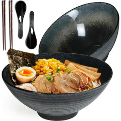 HLWDXno1 Ramen Bowl Set, Ceramic Noodle Bowl with Chopsticks and Spoons, Japanese Style, Retro Porcelain Tableware, Ramen Gift Set, 1200ml, Large Soup Bowls for Microwave and