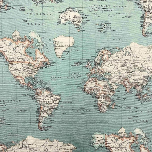 Kt KILOtela - Canvas decorative fabric, home accessories, tablecloths, cushions, curtains, bags, piece: 300 cm length x 280 cm width, Mundi world map, blue - 3 metres