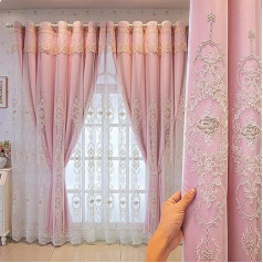 Amidoudou 1 Pair European Double Layer Valance Curtains for Living Room Bedroom 3D Floral Embroidered Curtains (Pink, 66x84 Inch)