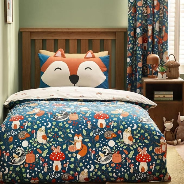 Catherine Lansfield Fox and Woodland Friends Reversible Duvet Cover Set with Pillowcases, Green