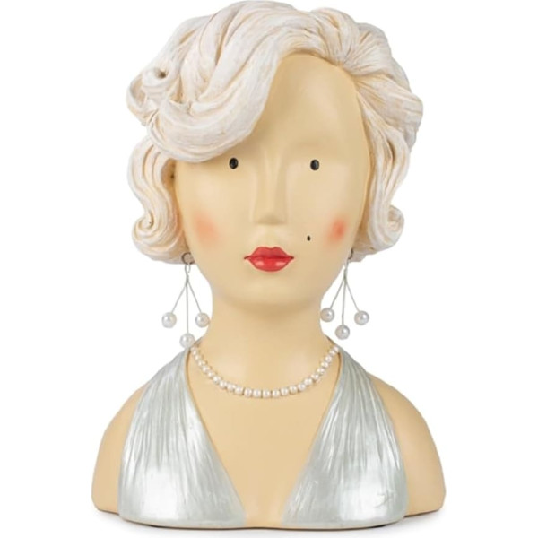 ETC Baden Import Lady Head Decorative Head Decorative Bust Lady with White Walle Hair and Silver Outfit with Pearl Jewellery
