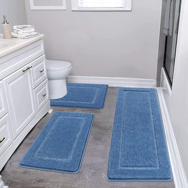 Pauwer Bath Mats & Bath Mat Set 3-Piece Microfibre Fluffy Bathroom Rug and Toilet Mat with Cut-Out Washable Non-Slip Bath Mat Toilet Rug Blue