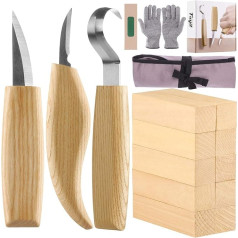 Fuyit Wooden Carving Tool Set - Includes 6-Piece Wooden Carving Knife Set & 10 Pieces Linden Wood Blocks for Spoons, Bowls, Cups, Stainless Steel Carving Tools for Beginners / Professionals with Cut-resistant Gloves