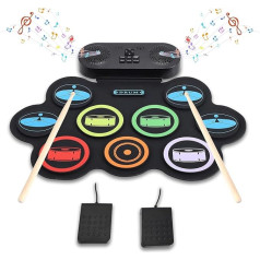 Children's Electronic Drum Kit with 9 Pads, 2 Stereo Speakers, E-Drum Set Pocket Drum, Electronic Drum Kit E Drums with 2 Foot Pedals & USB Rechargeable for Children and Beginners
