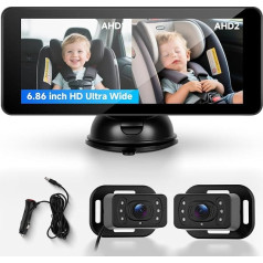 Hodozzy Dual Baby Car Camera for 2 Children - 6.86 Inch IPS Split-Screen HD Display, Night Vision, 360° Rotating Safety Car Seat Mirror Camera for Children and Pets, Easy Installation