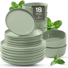 Porcelain Stoneware Crockery Set for 6 People, 18 Pieces, Solid and Scratch-Resistant than Stoneware Plates and Bowls in Mint Green Glossy, Green Tableware, 6 Dinner Plates, Cake Plates, Bowls Magnetiks