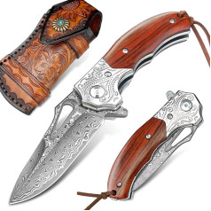 NedFoss Tiger Shark High-Quality Damask Pocket Knife, 7 cm Damask Folding Knife Made of 67 Layers VG10 Steel with Wooden Handle, Small One-Handed Knife with Sheath & Clip, Hunting Knife for Collection & Gift