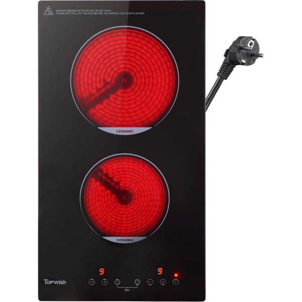 Glass Ceramic Hob 2 Plates, Ceramic Hob Built-in, Hob 2 Hobs, Hot Plates 2 Electric with Child Lock, Touch Control, Residual Heat Indicator, 30 cm, 3000 W