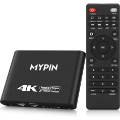 MYPIN 4K Media Player with 2 in 1 Output HDMI Switching Function, 2 Port HDMI Switch, Automatic Switching with Remote Control Supports Picture/Music/Video Looping/Automatic Playback