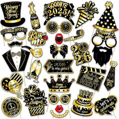 Foto-Requisiten für 2026 Happy New Years, Schwarz / Gold, Silvester-Foto-Requisiten für Silvesterparty 2026, Partyzubehör, Dekorationen, 30 Stück