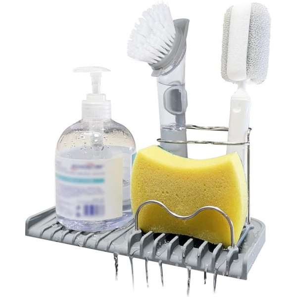 Gosmol Sponge Holder for Kitchen Sink Accessories Gadgets Dish Soap Brush Holder for Kitchen Sink Organizer Soap Dish Drainer for Bathroom on Countertop Grey
