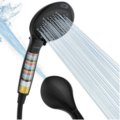 FASDUNT Black Shower Head with Filter Against Limescale, 8 Jet Types, High Pressure Shower Head with Hose 2 m, 20 Layers Filter Shower Head for Hard Water, Residual Chlorine, Bacteria, Heavy Metal