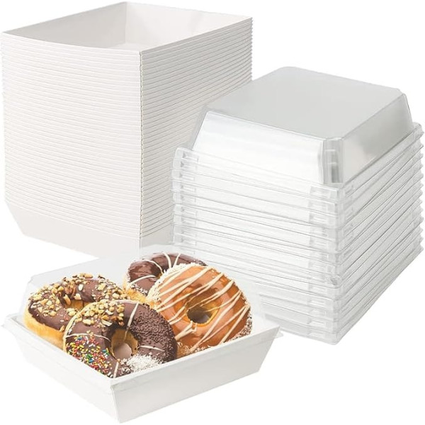 Charcuterie Paper Boxes with Clear Lids White Square Food Containers Dessert Boxes for Bakery, Cake, Cupcake, Sandwich and Biscuits, 12 cm, Pack of 50