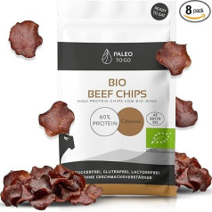PALEO TO GO Beef Chips [100% Organic] 60% High Protein Organic Beef [Made in Austria] No Preservatives Protein Beef Jerky Snack Dried Meat 8 x 20 g Meat Snacks Protein Chips