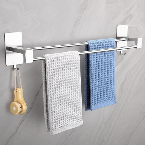 Gsocel SUS304 Towel Rail No Drilling Stainless Steel Double Arm Towel Holder Double Self-Adhesive Bath Towel Holder Wall for Bathroom Kitchen Silver 64 cm